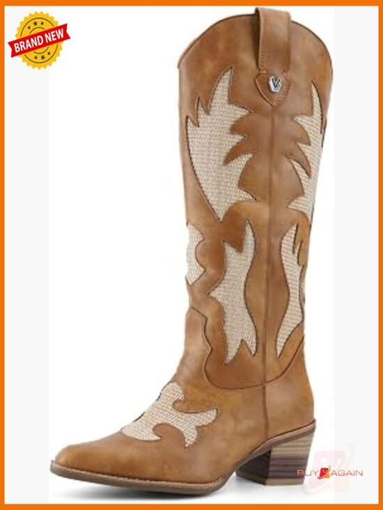Shoes - Western Mid Calf Pointed Toe Chunky Heel Cowgirl Boots with Embroidered